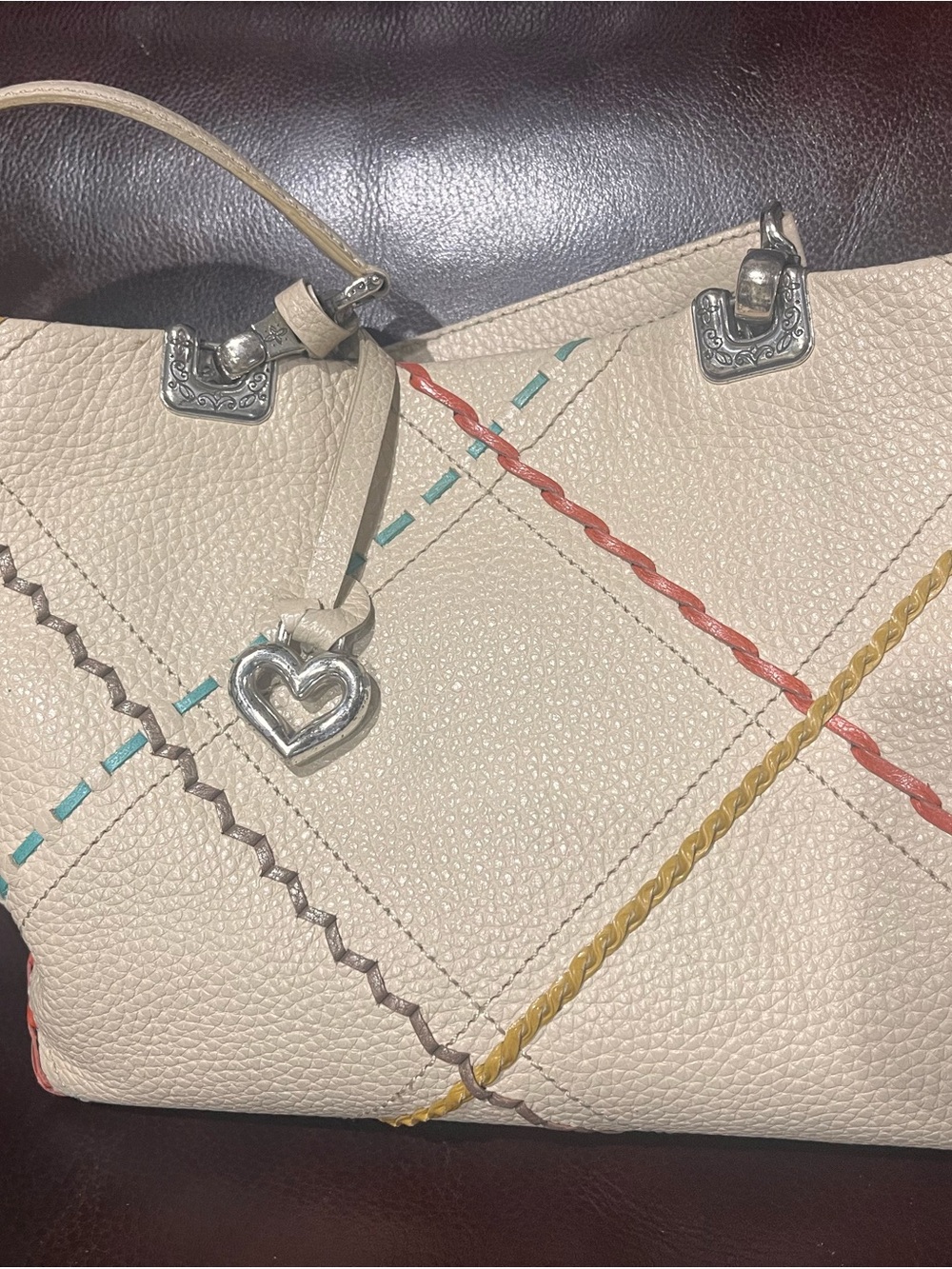 Cream Leather Tote with Multicolor Stitching and Heart Charm
